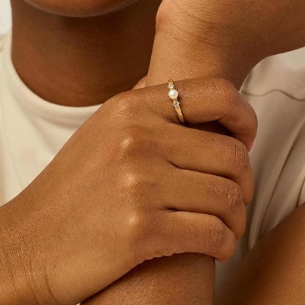 14K Gold Plated Pearl Hammered Dainty Elegant Stackable CZ Thin Ring - Picture 4 of 5
